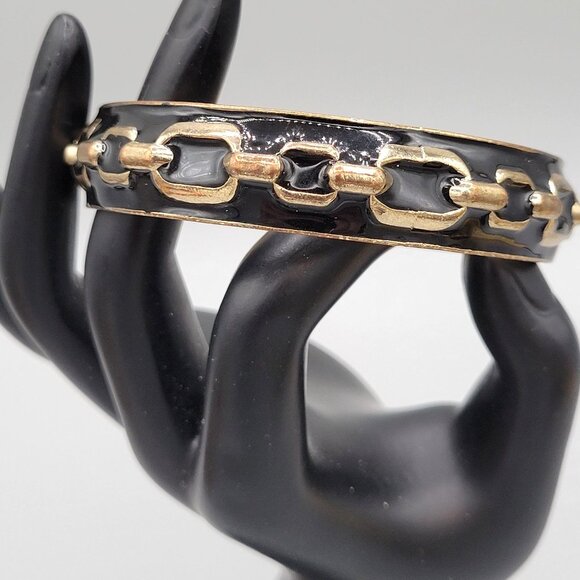 Black and Gold Metal Bangle Bracelet Link Chain Accent Fits Up To 7 3/4" - Picture 1 of 6